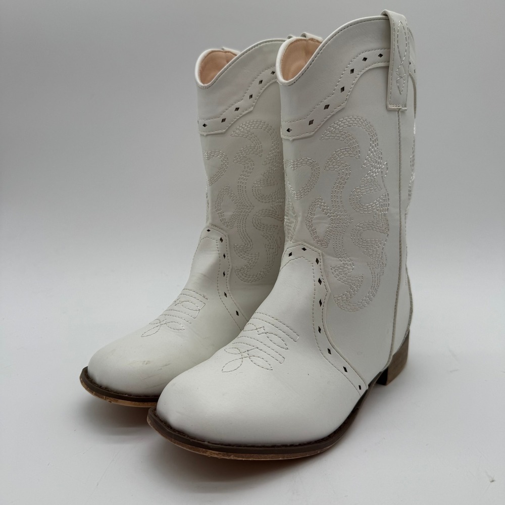 Women's White Western Cowboy Boots Size 3 Embroidered Mid Calf Side Zip